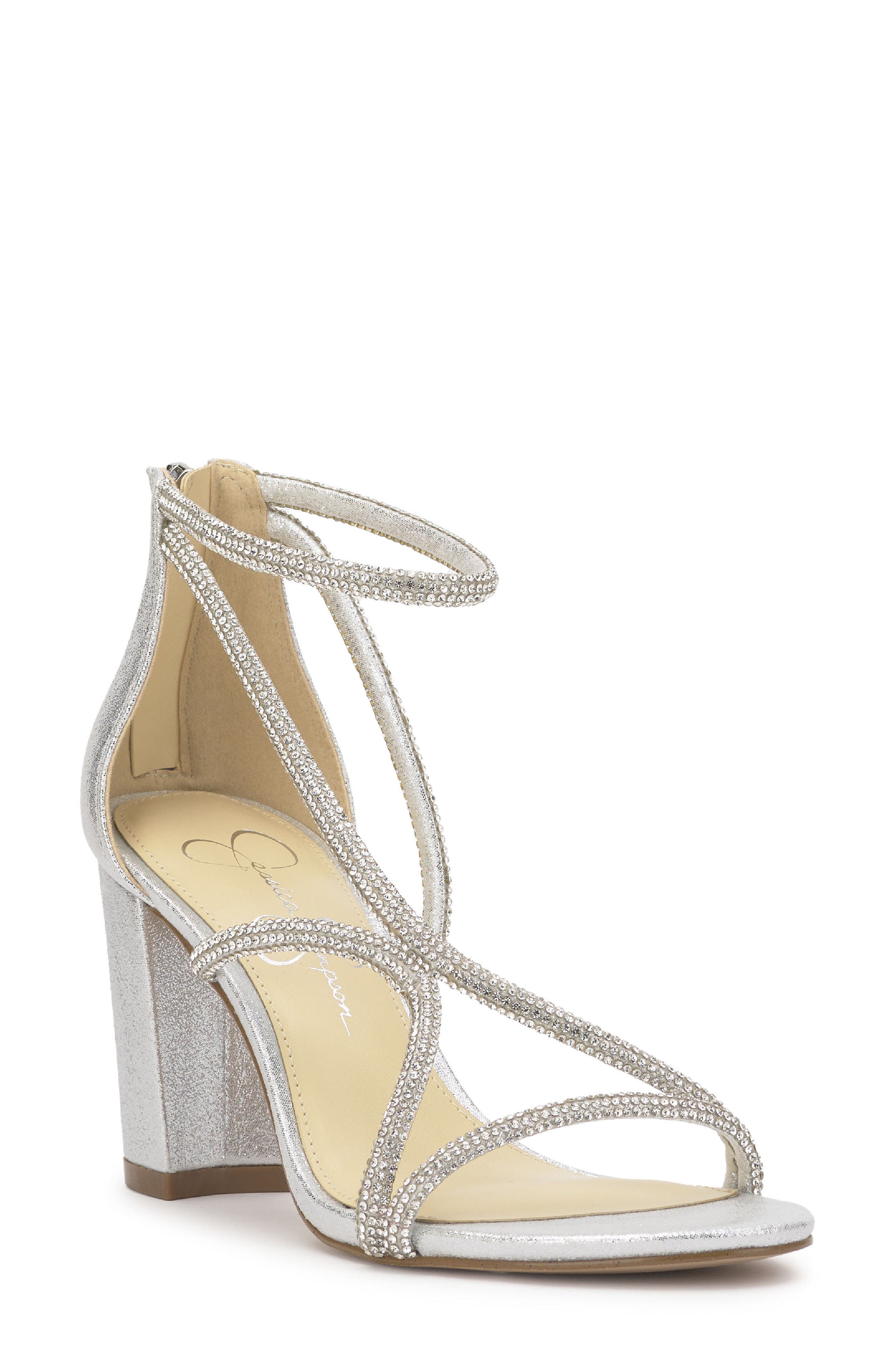 Jessica Simpson Shiny Ankle Strap Sandal, Main, color, Silver