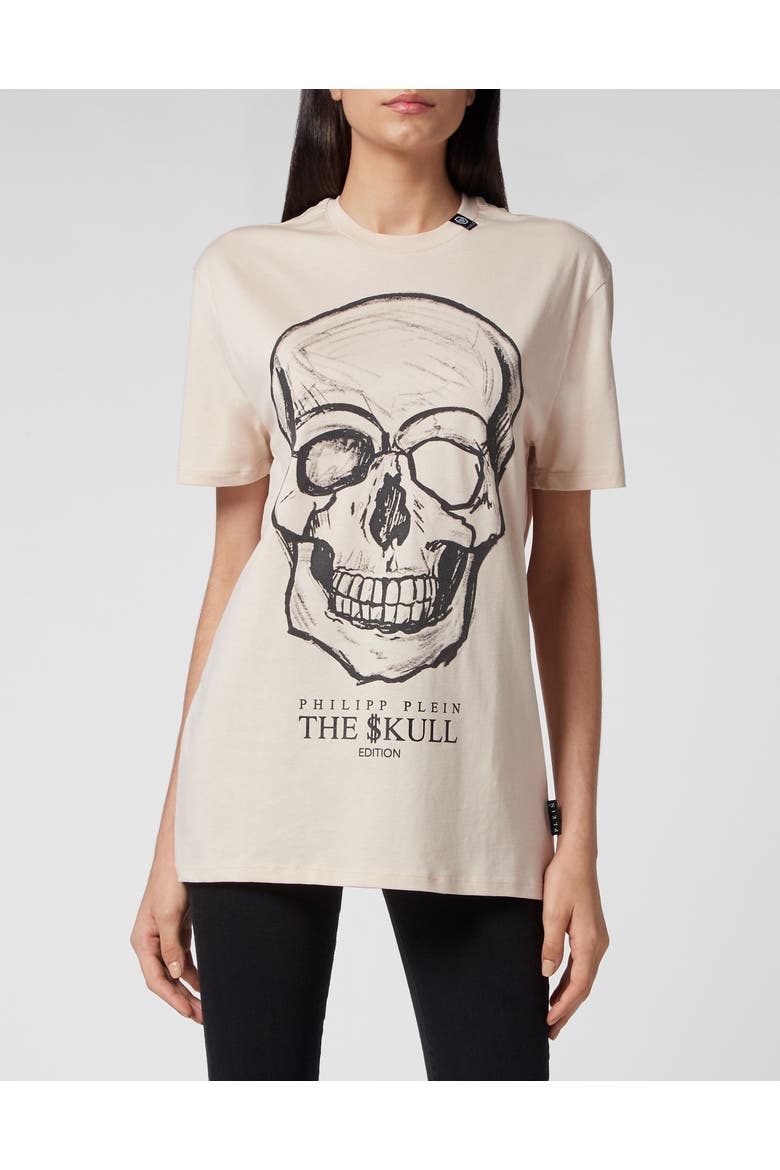 T-Shirt Round Neck Ss Print Skull Women, Main, color, beige