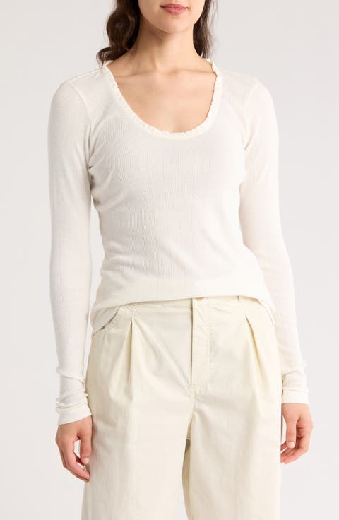 Long Sleeve Pointelle Cotton Blend Top