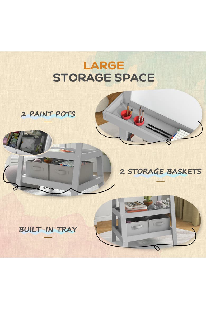 Kids Double Sided Art Easel with Paper Roll, Magnetic Boards & Storage, Alternate, color, Gray