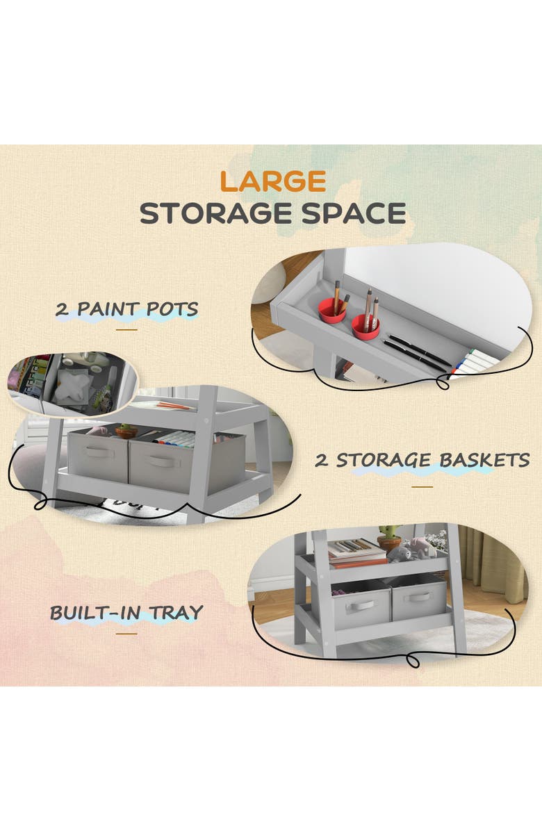 Qaba Kids Double Sided Art Easel with Paper Roll, Magnetic Boards & Storage, Alternate, color, Gray