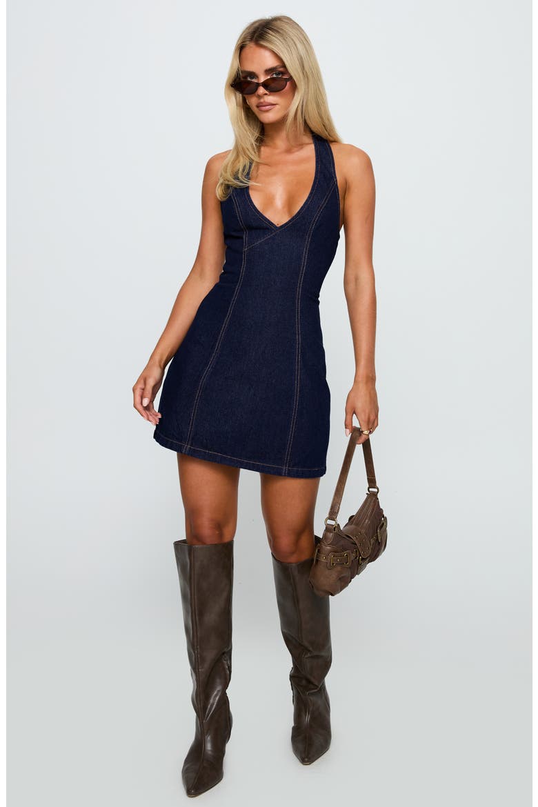 Say Goodnight Denim Halter Minidress, Alternate, color, MID WASH