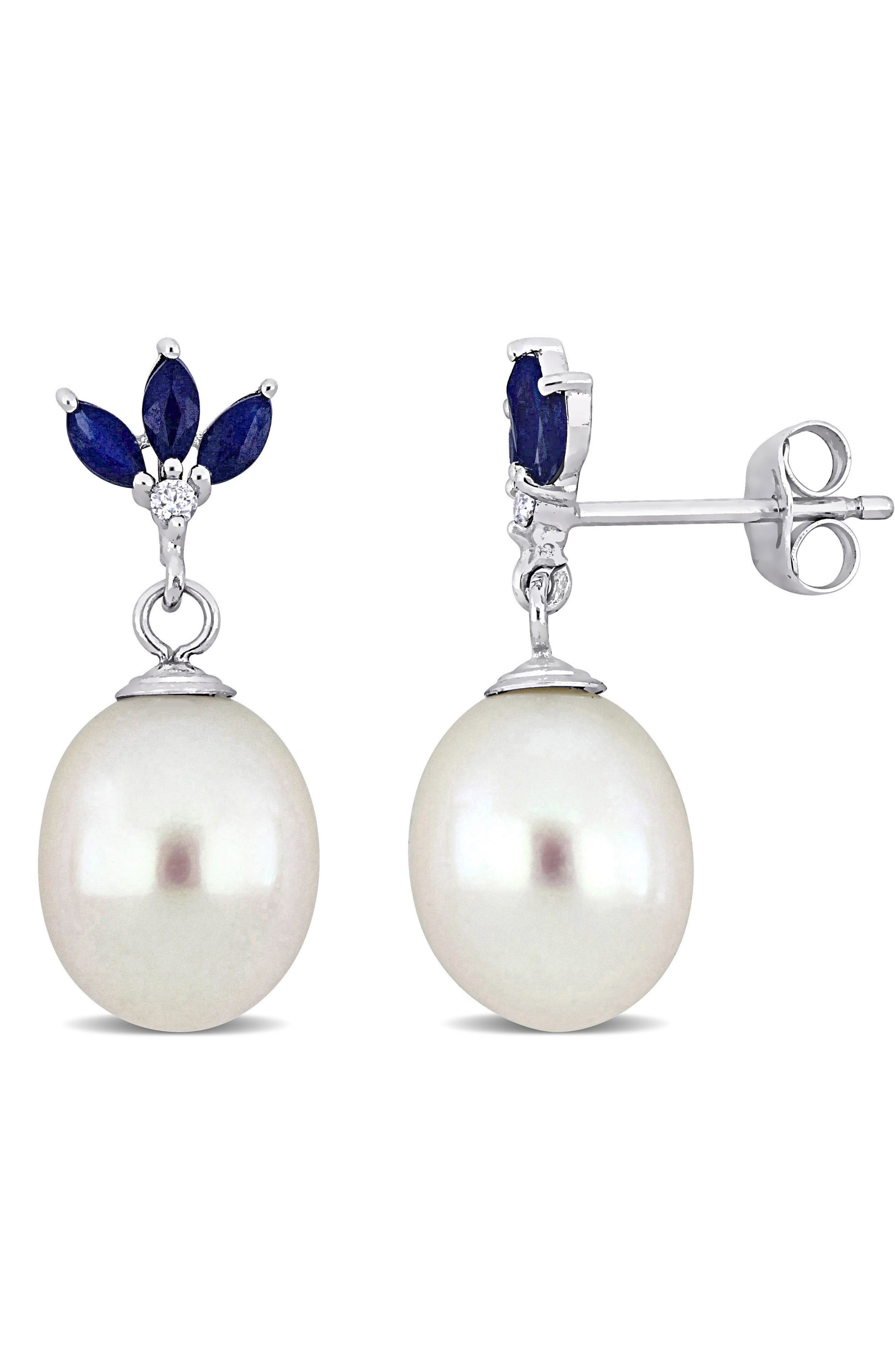 DELMAR 9-9.5mm Cultured Freshwater Pearl & Diamond Drop Earrings - 0.03ct.