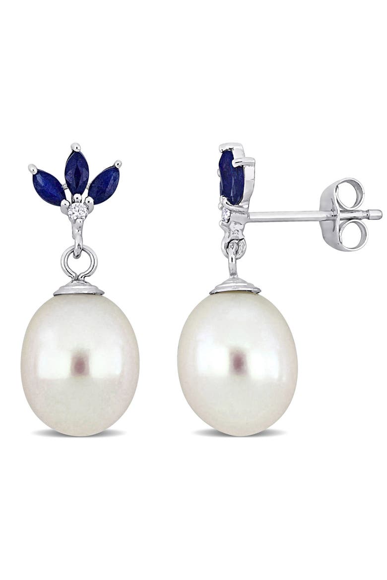 9-9.5mm Cultured Freshwater Pearl & Diamond Drop Earrings - 0.03ct., Main, color, BLUE