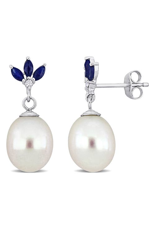9-9.5mm Cultured Freshwater Pearl & Diamond Drop Earrings - 0.03ct.