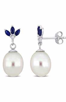 DELMAR 9-9.5mm Cultured Freshwater Pearl & Diamond Drop Earrings - 0.03ct.