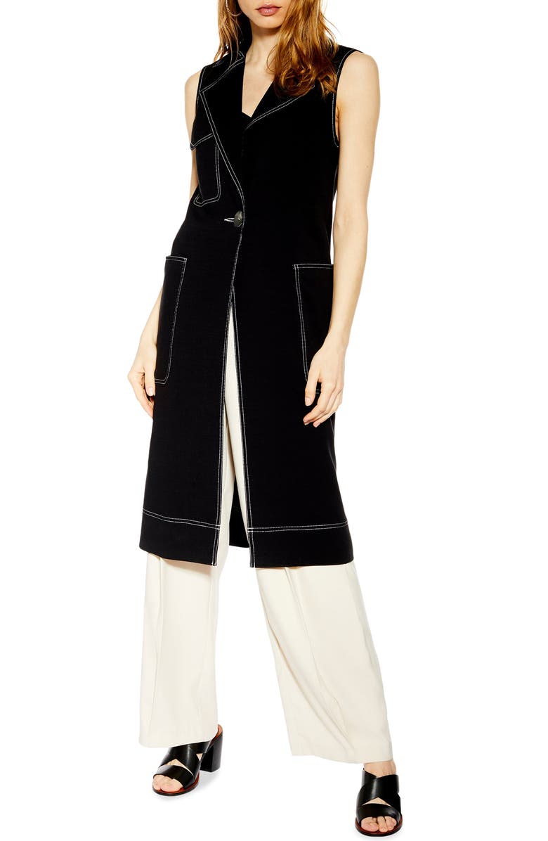 Topshop Sleeveless Utility Duster Coat, Main, color, Black