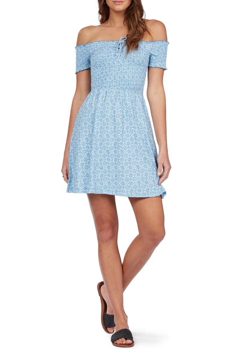 Off the Shoulder Smocked Cotton Dress, Main, color, ADRIATIC BLUE TAPA