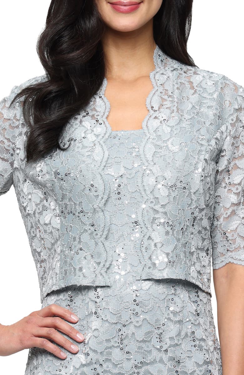 SL FASHIONS Sequin Stretch Lace Cocktail Dress with Jacket, Alternate, color, Sage