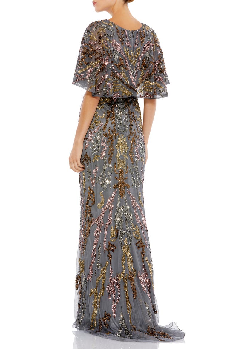Sequin Capelet Mesh Gown, Alternate, color, CHARCOAL