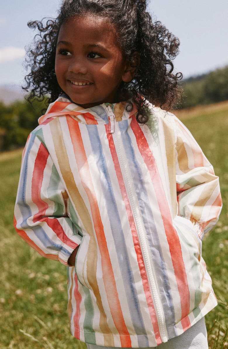 NEXT Kids' Rainbow Stripe Water Resistant Raincoat, Alternate, color, Pink