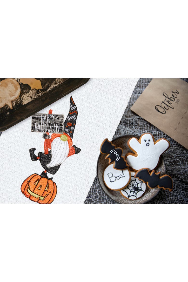 Halloween Gnome Embroidered Cotton Waffle Weave Kitchen Towel, Alternate, color, White