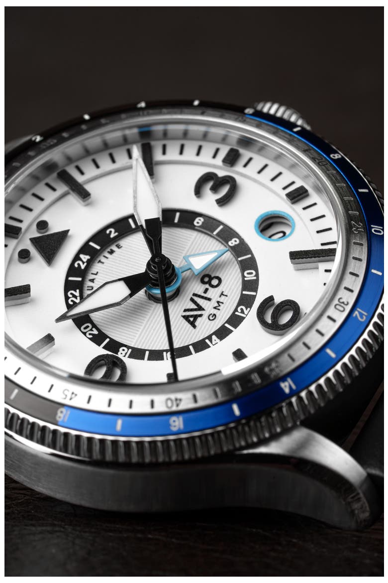 Flyboy Airmaster GMT Leather Strap Watch, 40mm, Alternate, color, WHITE