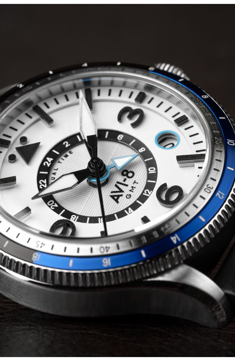 AVI-8 Flyboy Airmaster GMT Leather Strap Watch, 40mm, Alternate, color, White