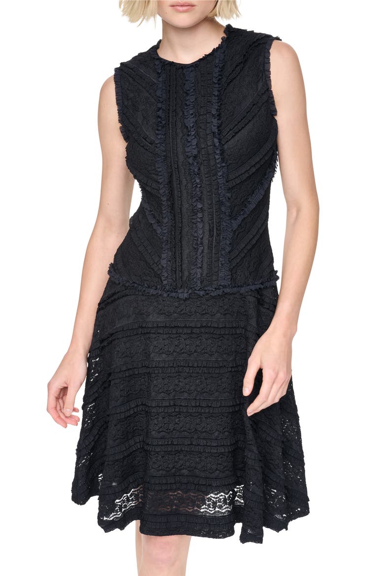 Lace Tiered A-Line Dress, Alternate, color, BLACK