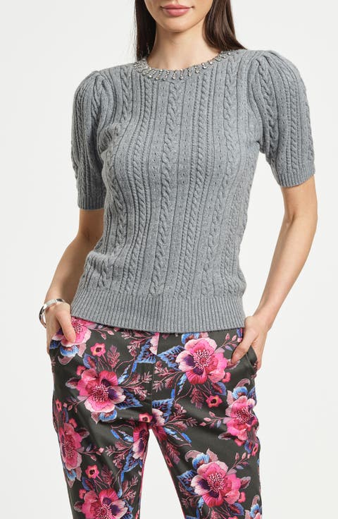 Embellished Puff Sleeve Cotton & Wool Blend Cable Sweater