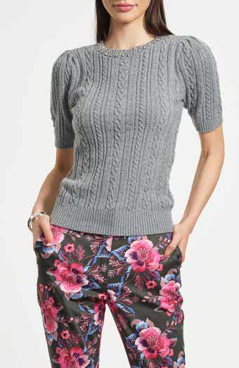 Embellished Puff Sleeve Cotton & Wool Blend Cable Sweater