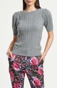 Isaac Mizrahi New York Embellished Puff Sleeve Cotton & Wool Blend Cable Sweater