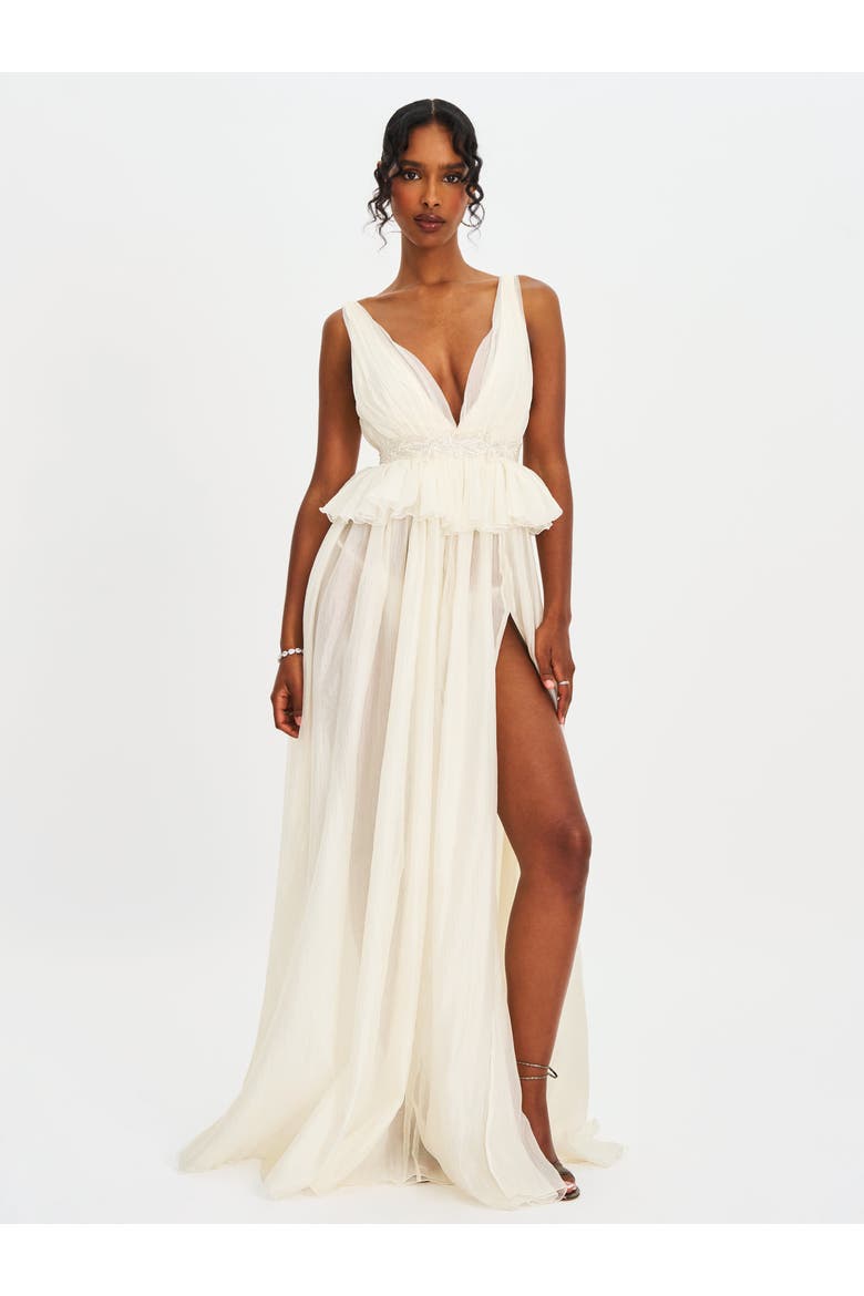 Calleigh Flare Beaded Belt Maxi Gown, Alternate, color, Silver-shiny off-white