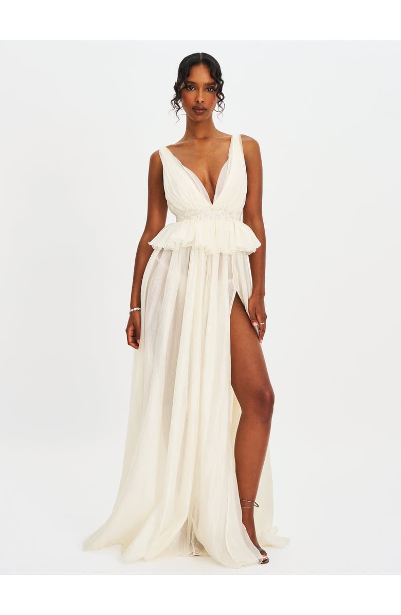 Miss Circle Calleigh Flare Beaded Belt Maxi Gown, Alternate, color, Silver-Shiny Off-White