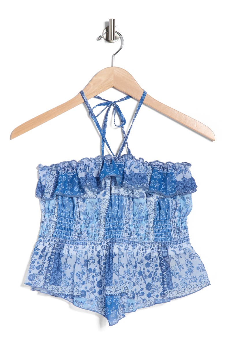 Madden Girl Floral Smocked Convertible Strapless Crop Top, Alternate, color, Dusty Blue Multi