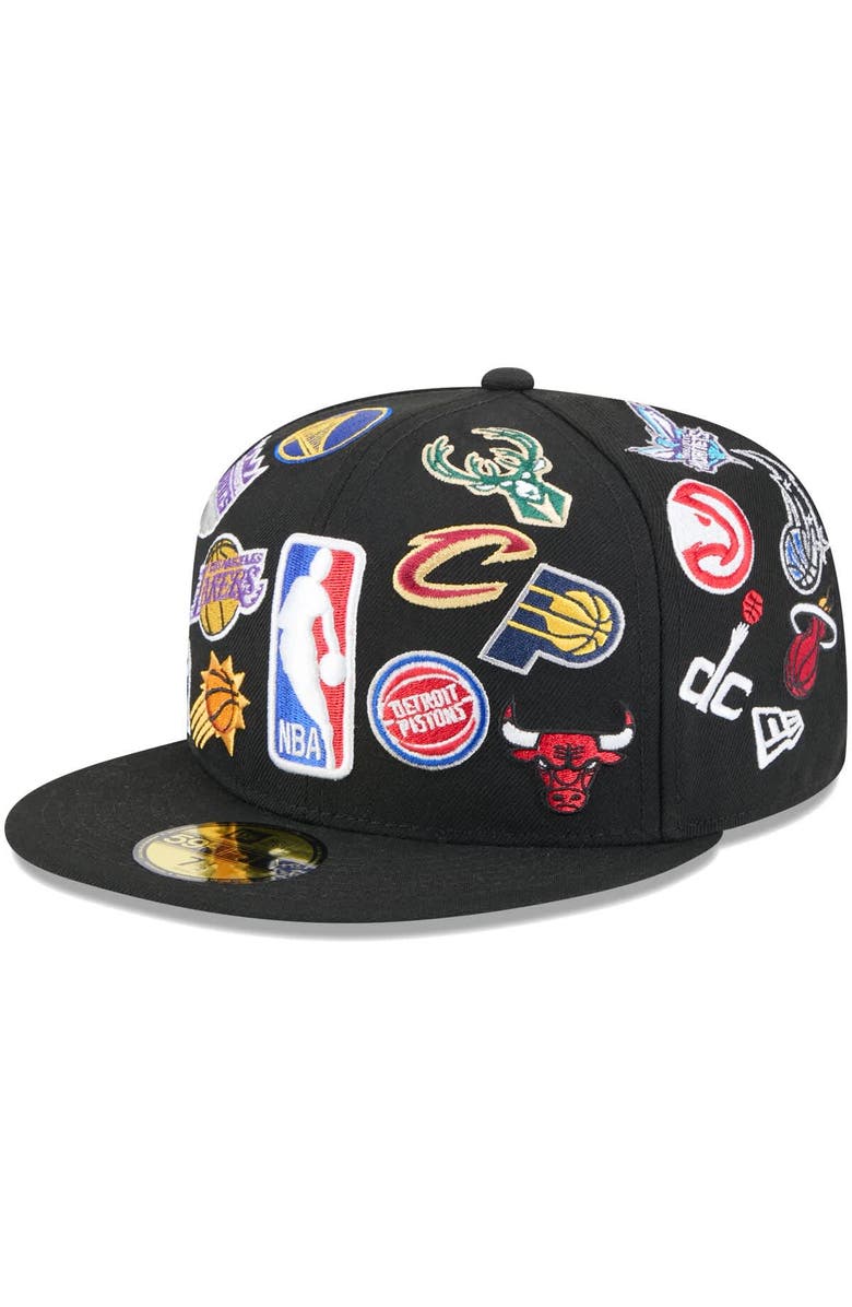 New Era Men's New Era Black 2025 All-Star Game Allover Logos Fitted 59Fifty Snapback Hat, Main, color,
