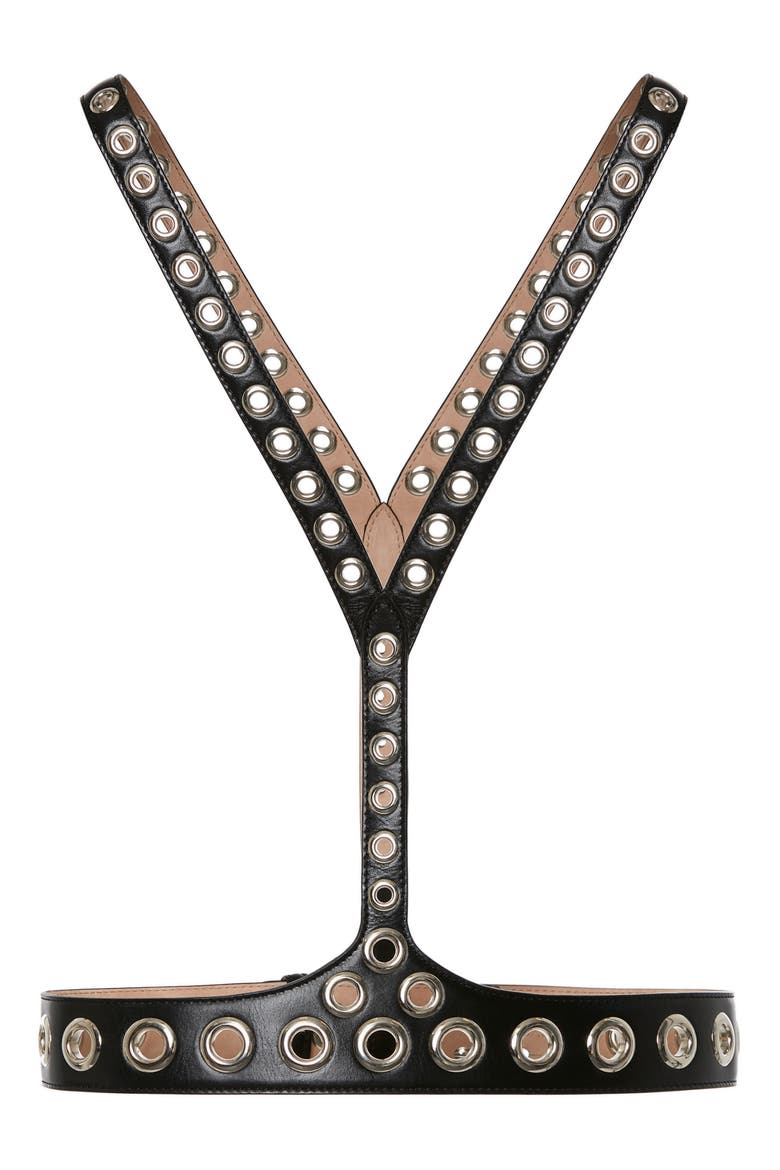 The V Eyelet Leather Harness, Main, color, BLACK