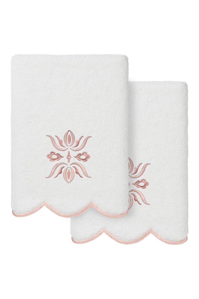Flower Crest Scalloped Set of 2 Hand Towels, Main, color, WHITE/ PINK