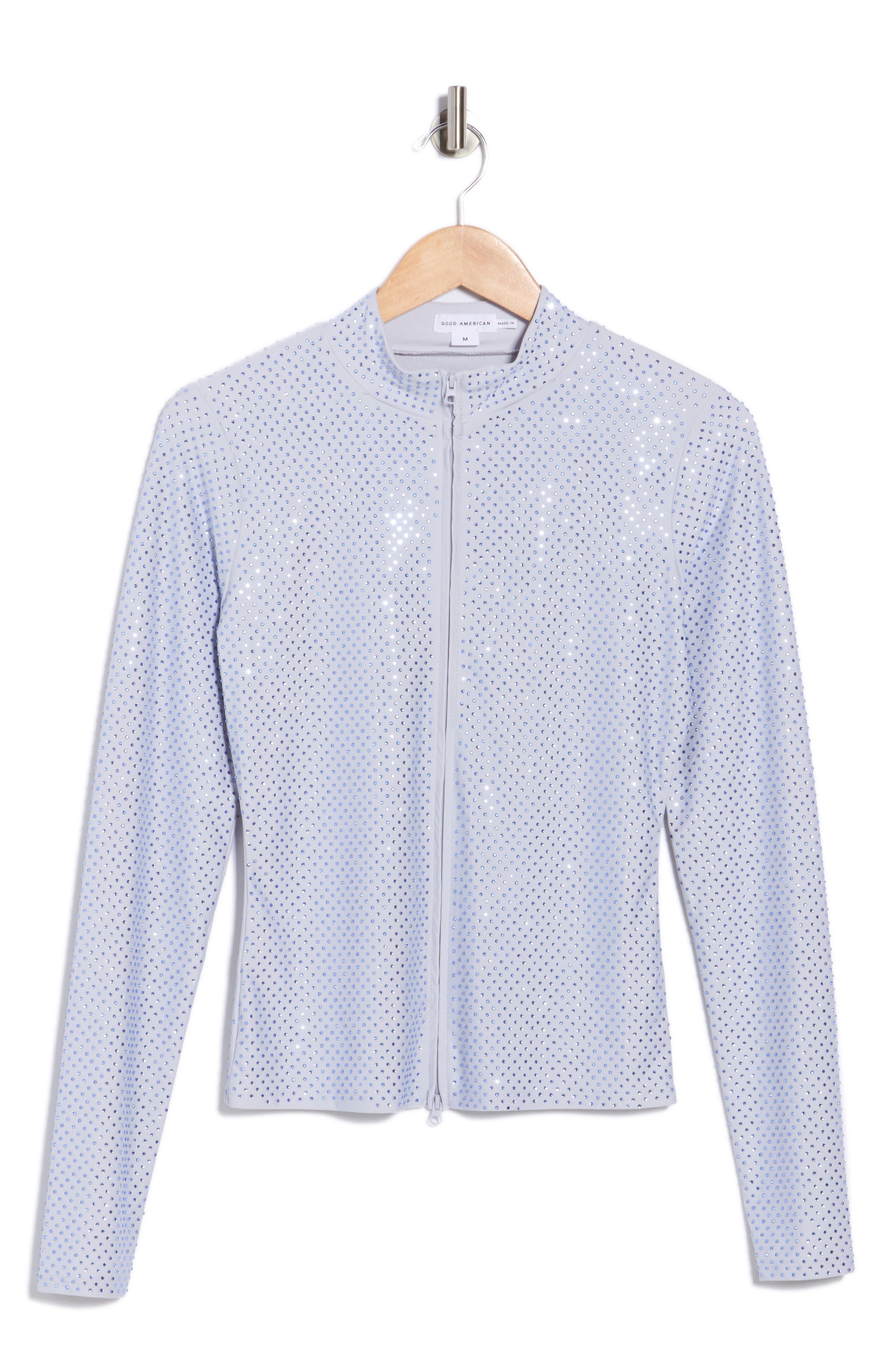 Good American Crystal Mock Neck Long Sleeve Zip Crop Top