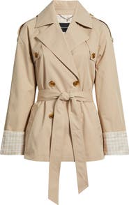BCBG Water Resistant Gingham Cuff Double Breasted Trench Coat