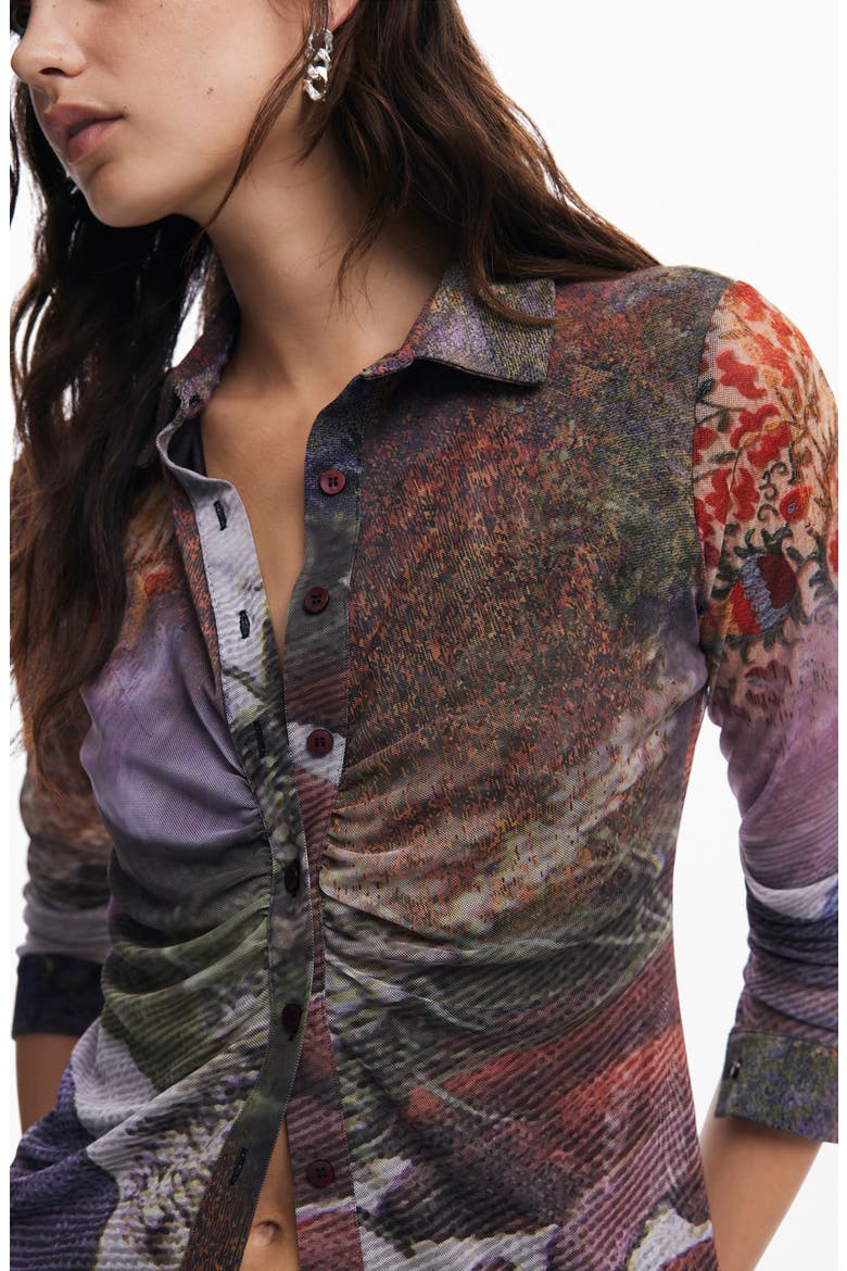 Maryland Ruched Mesh Button-Up Shirt, Alternate, color, MIX