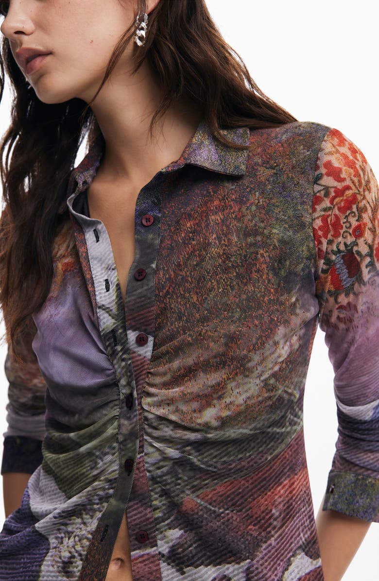 Desigual Maryland Ruched Mesh Button-Up Shirt, Alternate, color, Mix