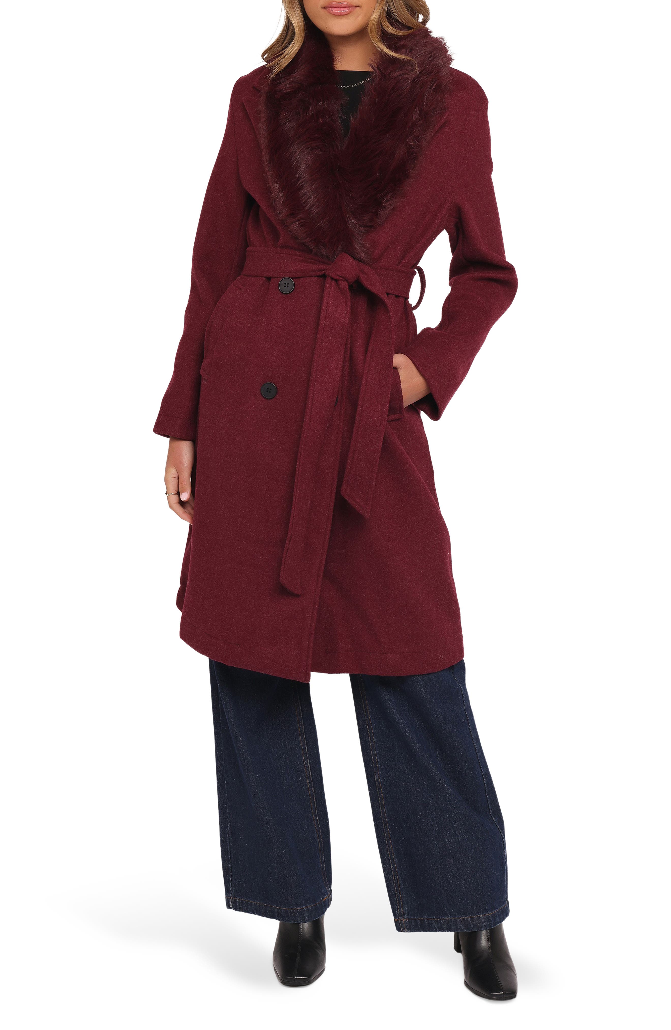 Petal And Pup Petal & Pup Nina Belted Faux Fur Collared Coat In Burgundy