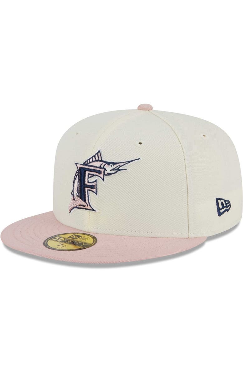 New Era Men's New Era Cream/Pink Florida Marlins Chrome Rogue 59FIFTY Fitted Hat, Alternate, color, 