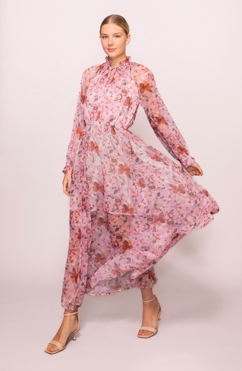 MELLODAY Long Sleeve Front Tie Maxi Dress, Alternate, color, Pink Multi