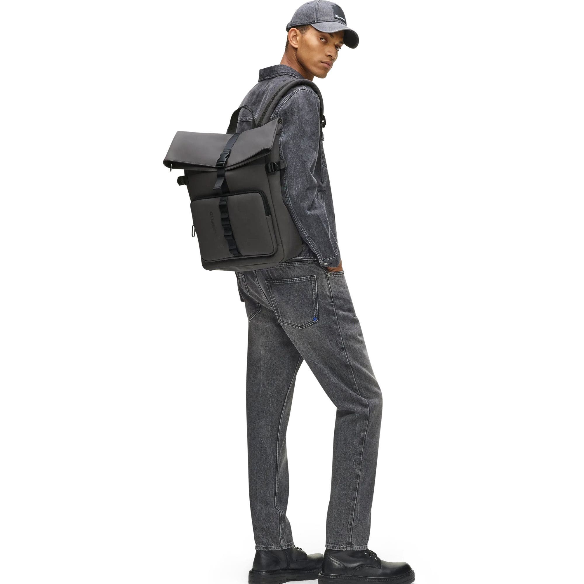 Men's Coated Faux-Leather Roll Top Backpack, Alternate, color, Magnet