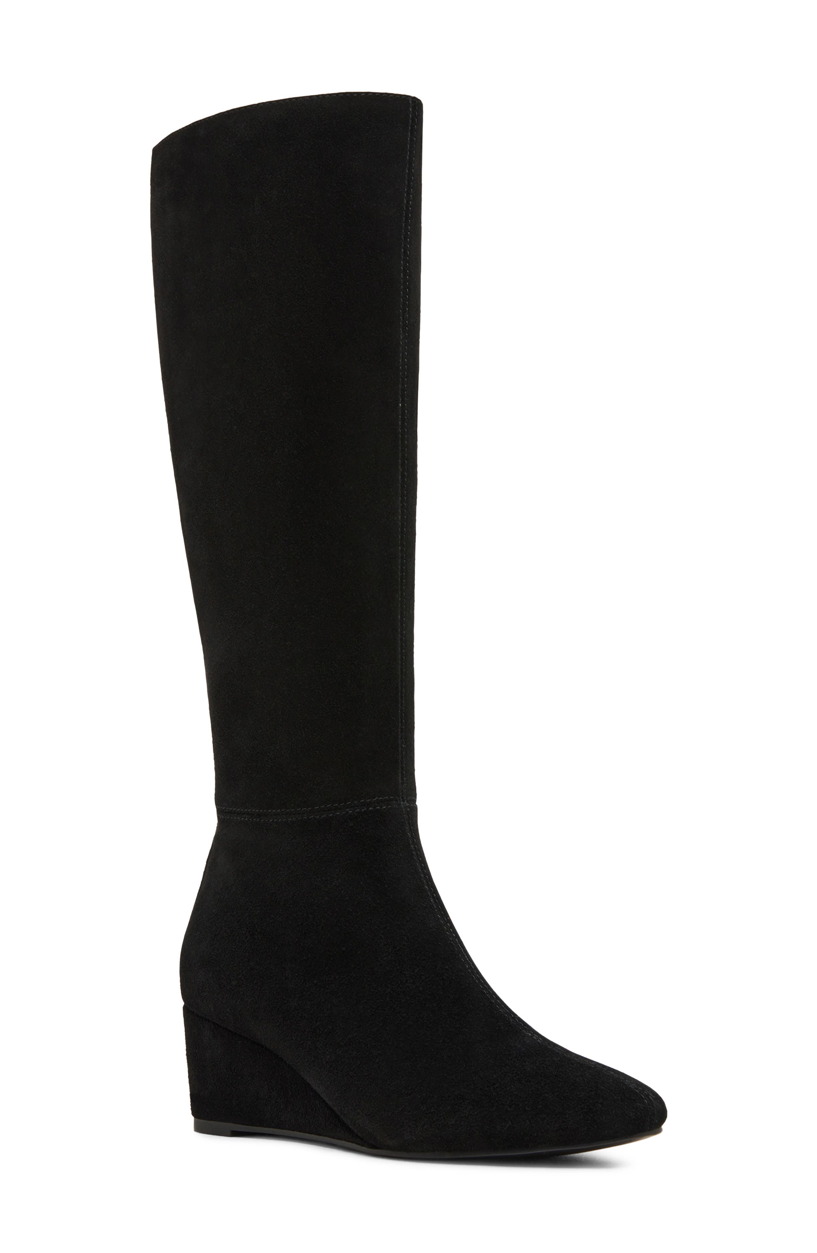 Bertha Waterproof Leather Knee High Wedge Boot, Main, color, BLACK SUEDE
