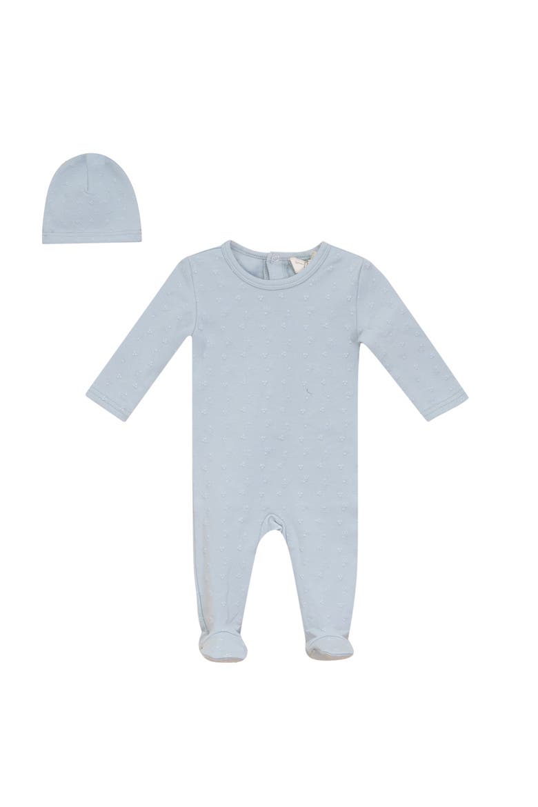 Boy Back Snap Puff Print Romper with Hat, Main, color, Blue Mist