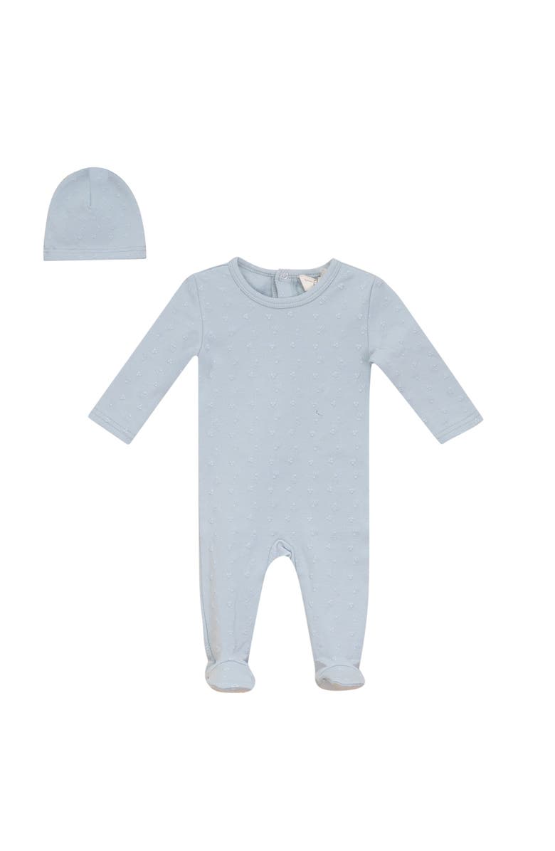 Bebe Bella Boy Back Snap Puff Print Romper with Hat, Main, color, Blue Mist