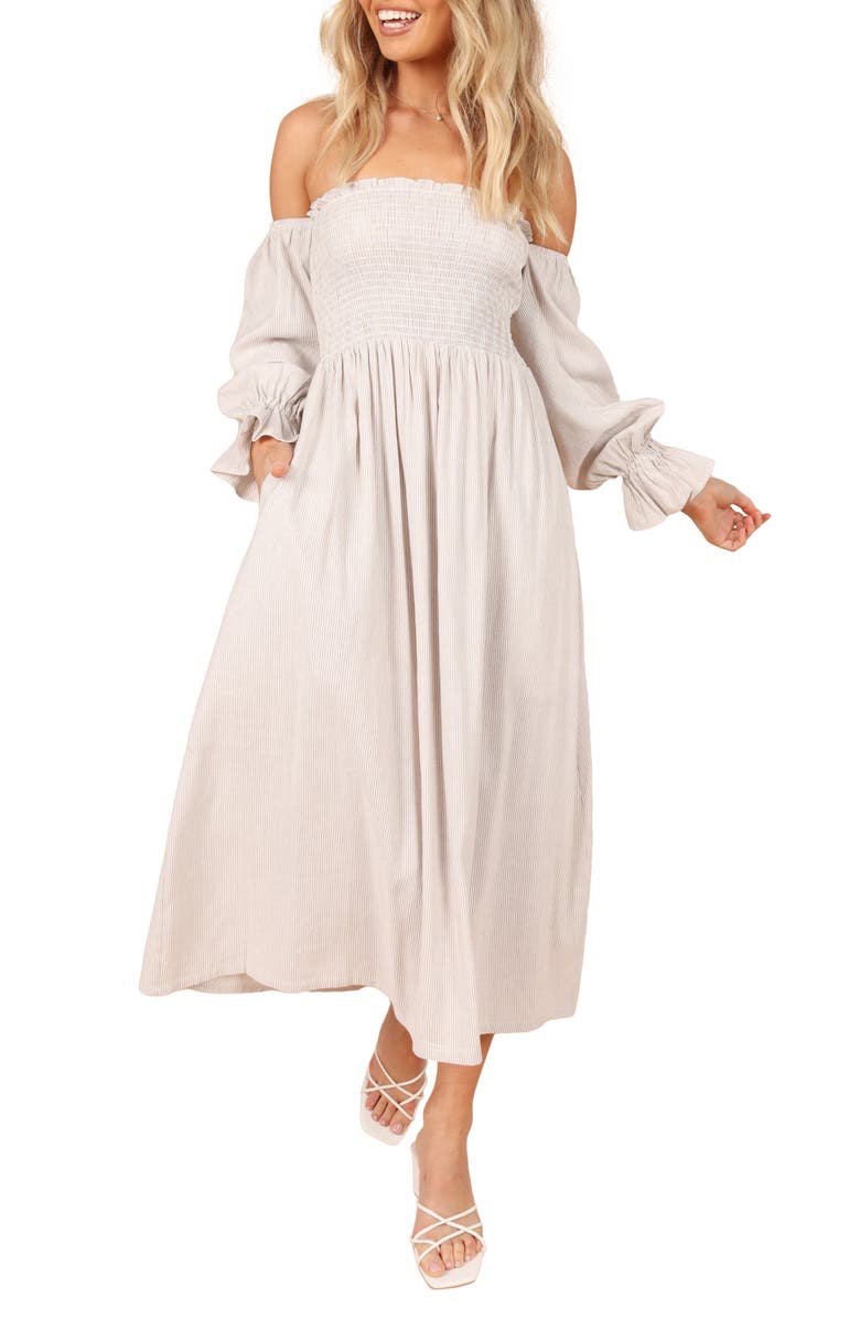 Petal & Pup Domenica Stripe Strapless Long Sleeve Linen & Cotton Dress, Main, color, 