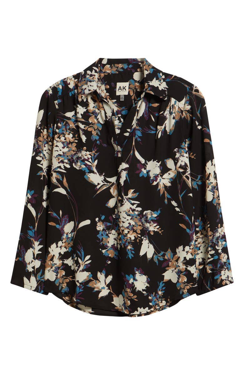 AK ANNE KLEIN Floral Popover Crêpe de Chine Top, Alternate, color, Anne Black Multi