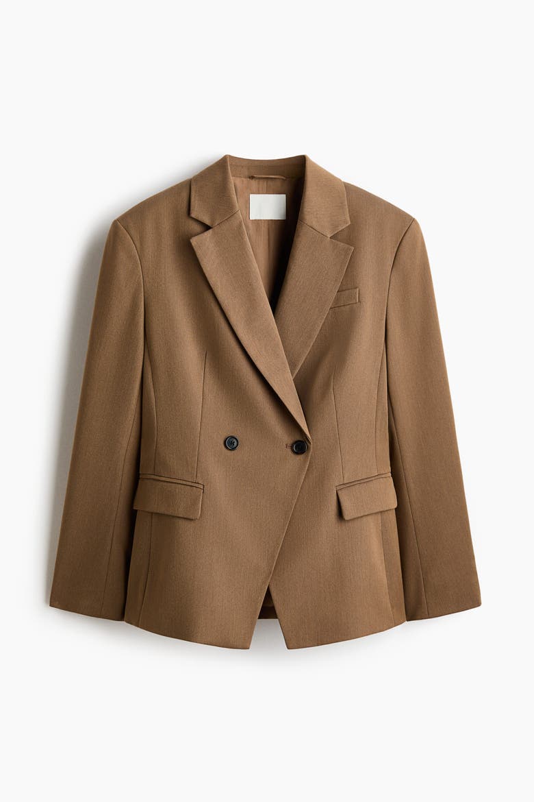 Defined-Waist Double-Breasted Blazer, Alternate, color, Dark beige