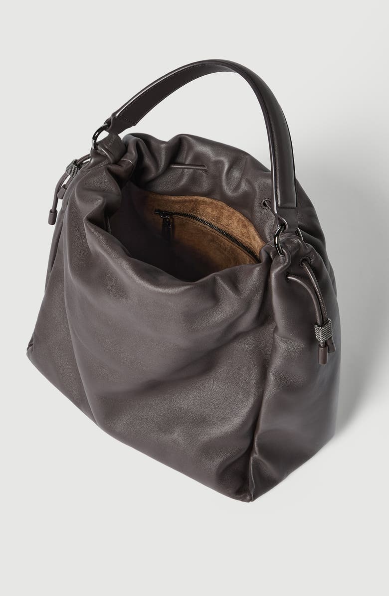 Brunello Cucinelli Soft leather Mellow Bucket bag, Alternate, color, Brown
