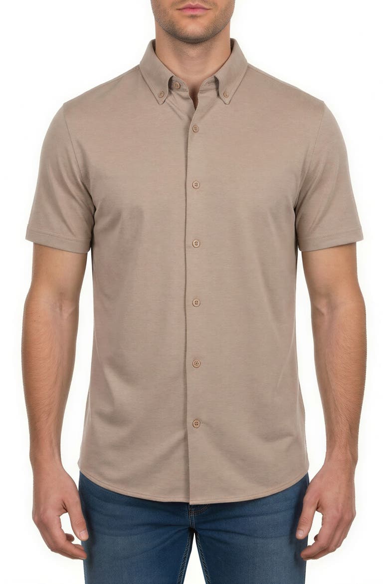 Short Sleeve Knit Button-Down Shirt, Main, color, TAN