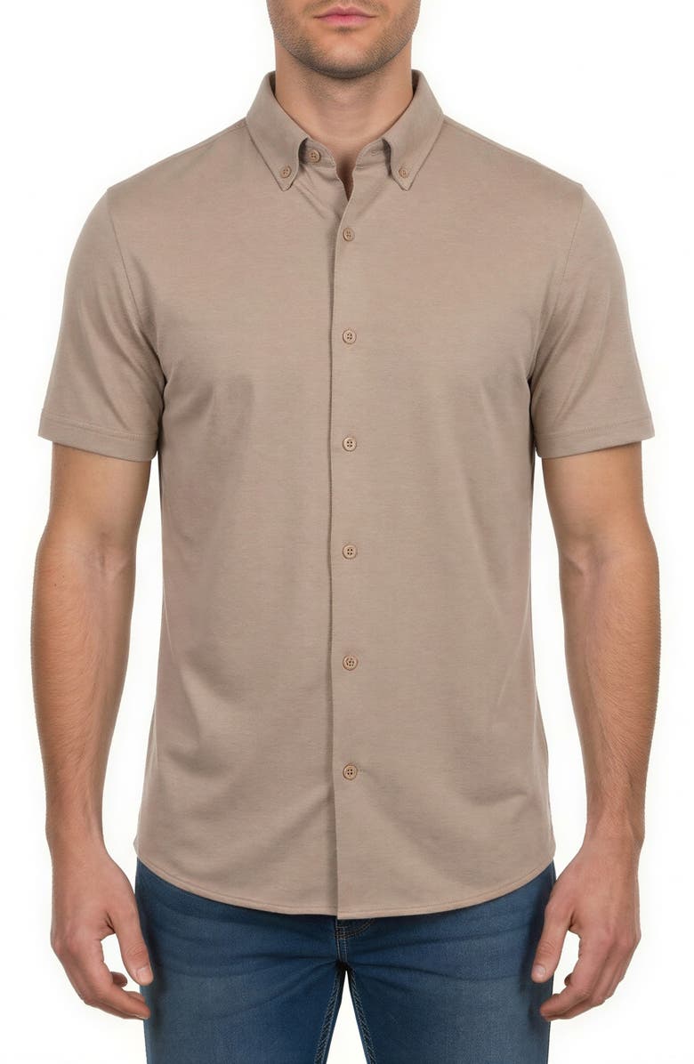 Victor Emmanuel Short Sleeve Knit Button-Down Shirt, Main, color, Tan