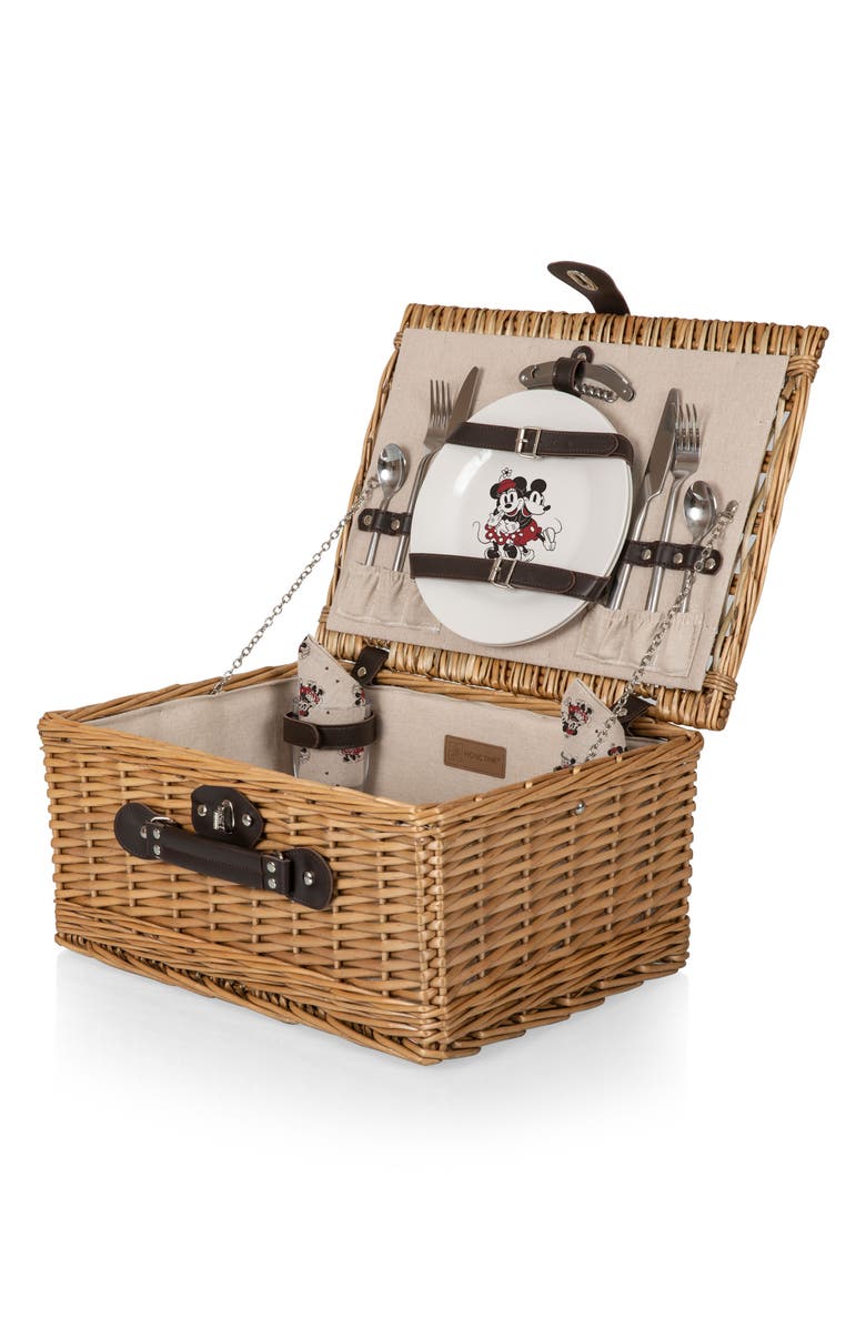 Picnic Time x Disney<sup>®</sup> Mickey & Minnie Mouse Wicker Picnic Basket & Accessories Set, Main, color, Beige