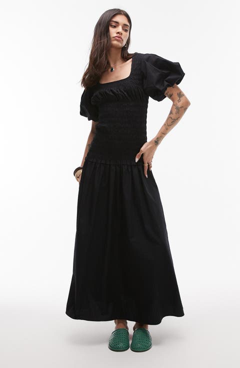 Shirred Puff Sleeve Maxi Dress