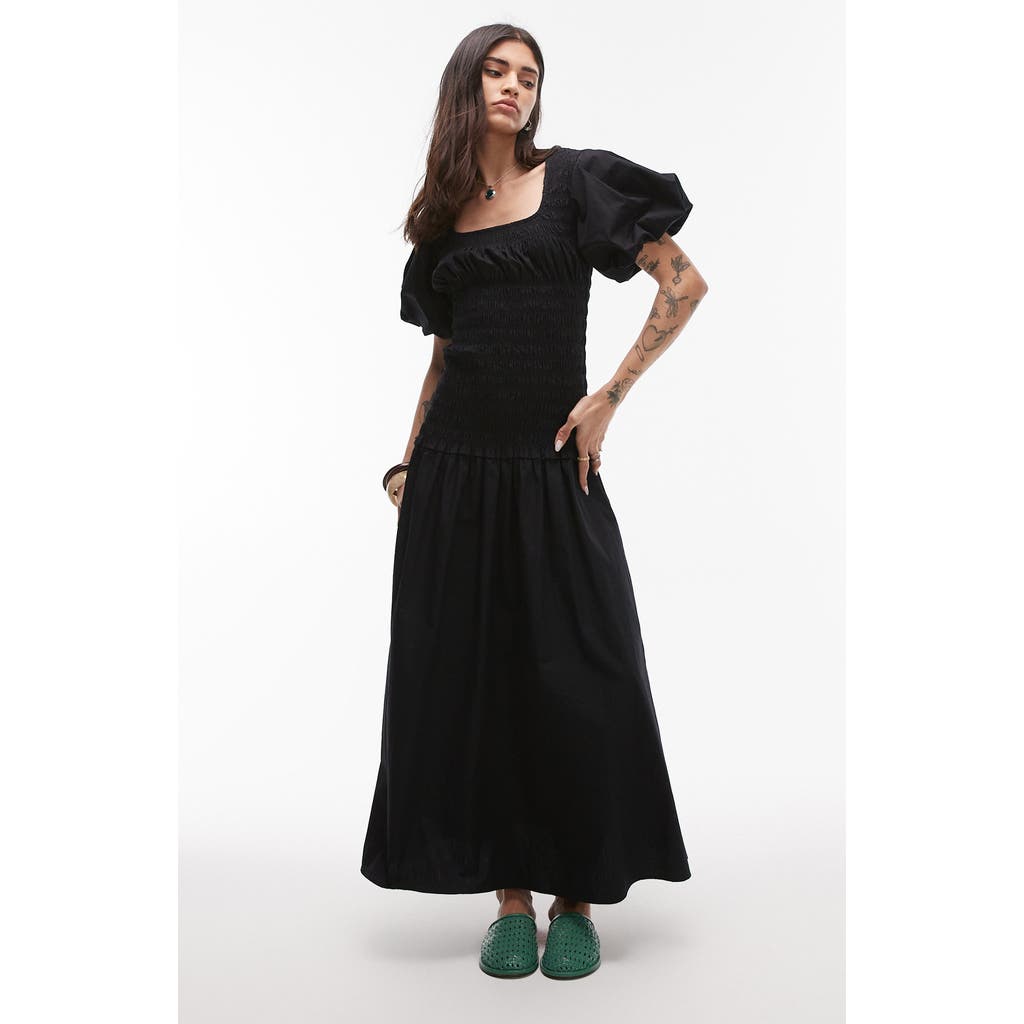 Topshop Puff Sleeve Square Neck Shirred Midi Dress In Black