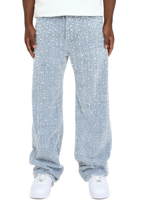 Faux Pearl Textured Baggy Jeans