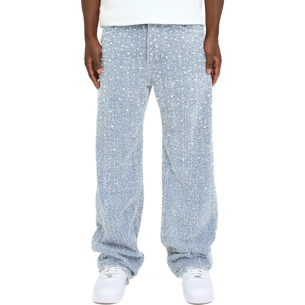 Purple Brand Faux Pearl Textured Baggy Jeans In Blue
